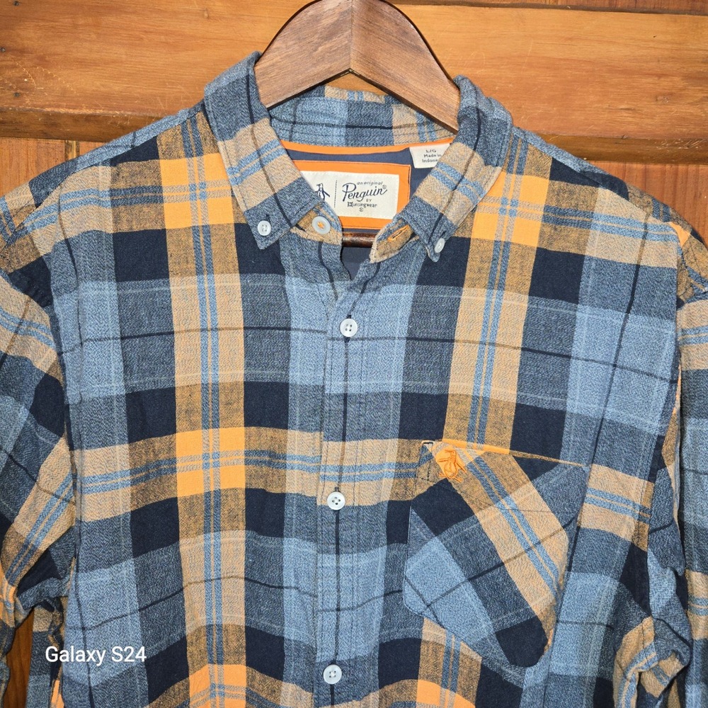 Original Penguin Mens Large Blue Orange Plaid Linen Cotton Button Down Shirt L/G